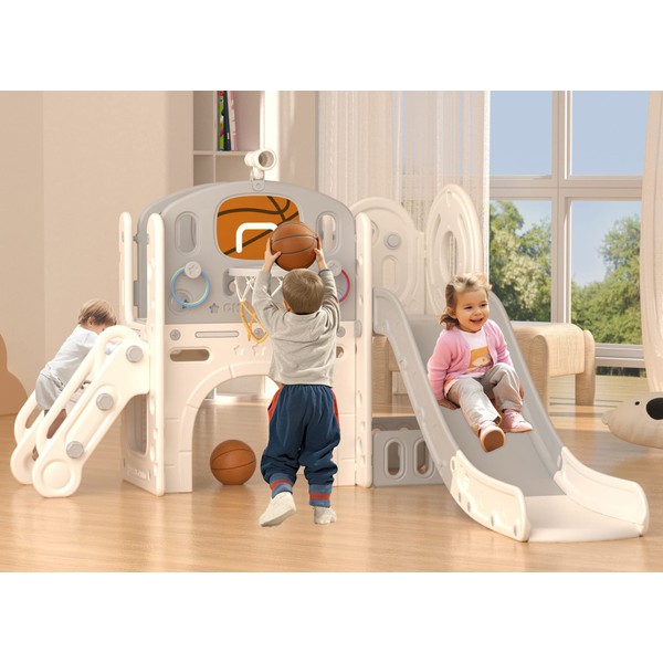 XJD 8 in 1 Toddler Slide, Kids Slide for Toddlers Age 1-3, Toddler Play Climber Slide Playset with Basketball Hoop and Ball,Toddlers Outdoor Indoor Playground (Beige Grey)