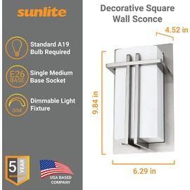 Sunlite 46091 Decorative Square Wall Sconce Light Fixture, A19 Bulb, E26 Socket, 60 Watts Max, Indoor, Opal Shade, Stainless Steel Frame, Bathrooms, Hallways & Entryways