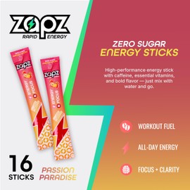 ZAPZ Caffeine Packets – Sugar Free Energy Drink Mix Powder with 200mg Caffeine for Nootropics Focus Support - Just 5 Calories, Gluten Free, Vegan (Passion Fruit & Watermelon, 16-Pack)