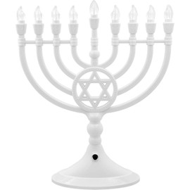 Traditional LED Electric White Hanukkah Menorah - Battery or USB Powered - Includes a Micro USB 4' Charging Cable