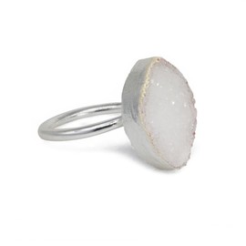 Dazzle Appeal Druzy Marquise Agate Druzy Raw Crystal Natural Semiprecious Stone Gold and Silver Ring, 10 x 16mm (Silver Plated Brass, White)
