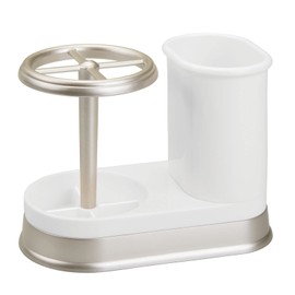 mDesign Decorative Bathroom Dental Storage Organizer Holder Stand for Electric Spin Toothbrush/Toothpaste - Compact Design for Countertop and Vanity, Holds 4 Standard Brushes - White/Matte Satin