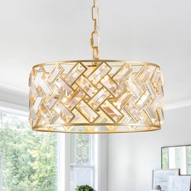 CATINER Modern Gold Crystal Chandeliers, Small Semi Flush Mount Chandelier 4-Ligh 12'' Drum Crystal Pendant Light Fixture for Foyer Entryway Kitchen Hallway Dining Room