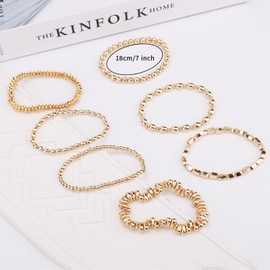 Mikovivi 7pcs Gold Beaded Bracelets for Women, Stylish Elastic Pearl Bracelet Set with Cute Pink Box Trendy Gold Wrist Jewelry for Birthday Celebration