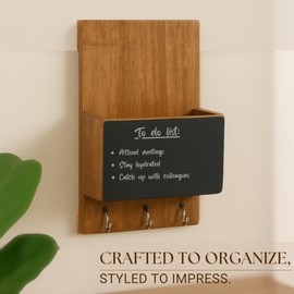 ixxora Handcrafted Wall-Mounted Mango Wood Organizer with Chalkboard & Steel Hooks, Natural Brown Key Holder Rack for Entryway, Home, Office, Mail & Key Storage