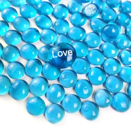 HappyFiller 5 LB Sea Blue Glass Gems Flat Marbles with 1 Pc Large Inspirational Beads,Vase Fillers, Aquarium Fish Tank Pebbles,Fountain Stones,Floral Arrangement,Mosaics Crafts,Fire Glass Drops