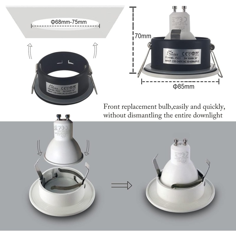 Sweier Waterproof Downlight GU10 White, Bathroom Spotlights IP65, Bulb not