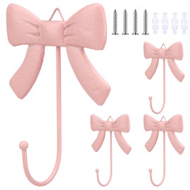 Geelin 4 Pcs Coquette Pink Bow Wall Hook Metal Bow Knot Door Hanger Rustic Coat Rack Decorative Towel Hook for Coat Hat Towel Multi-Purpose Bathroom Kitchen Living Room Home Decor(Classic)
