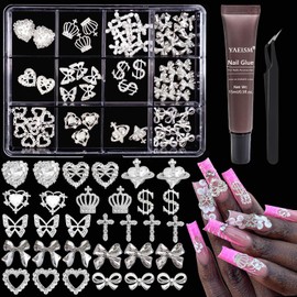 YAEISM 12 Grids Silver Nail Charms Kits Crystal Heart Nail Charms Sparkly Money Nail Charms Alloy Cross Butterfly Crown Bow Nail Charms with Glue Gel,Tweezer for Women Nail Art