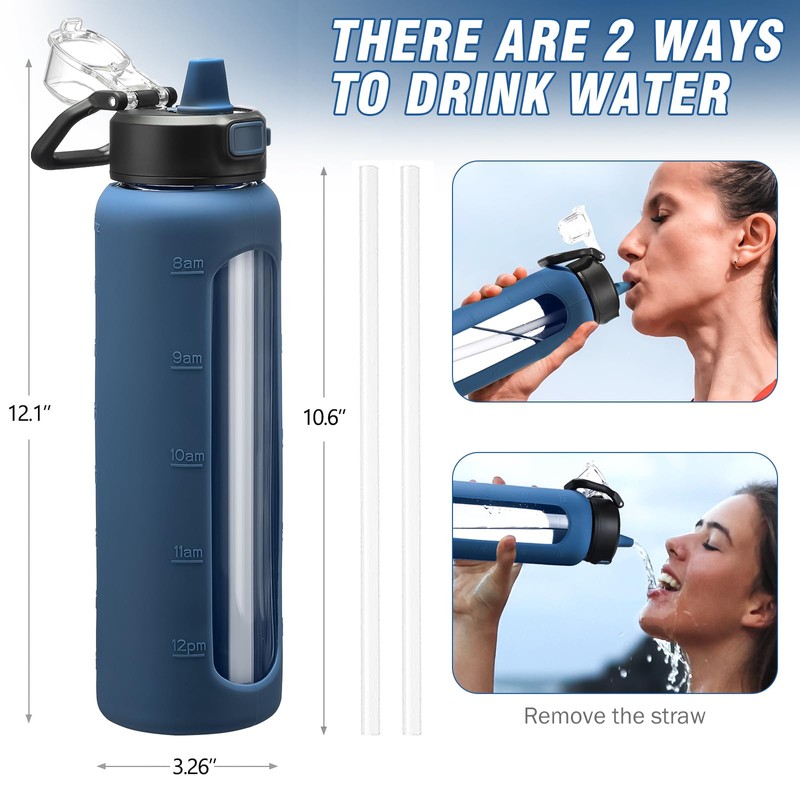 Kodrine 32 oz Glass Water Bottle with Straw and Carry
