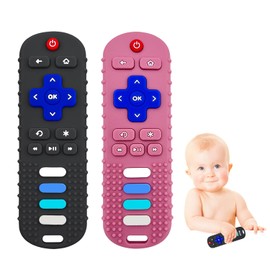 ERSIHUA 2-Pack Silicone Teething Toys for Baby, TV Remote Chew Toy Teethers for 3-6 Months, Baby Sensory Toys for 6 to 12 Months, TV Remote Control Toys for Boys and Girls (Black+Pink)