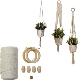 macraming Macrame Plant Hanger Kit - Make 3 DIY Macromay Plant Holders Easy Projects for Beginners - Video Instruction Include - 100m (109yrd) 3mm Cotton Rope + Macrame Materials (2 Hooks, 5 Beads)