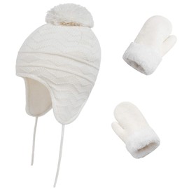 Toddler Winter Hat with Mittens Set - Baby Kids Warm Knit Beanie Hat with Earflap and Fleece Thick Gloves for 1-3 Years