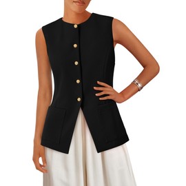 PRETTYGARDEN Women's Sleeveless Blazer Vest Summer 2025 Trendy Button Down Business Suit Vest Tops Outerwear Waistcoat(Black,Large)