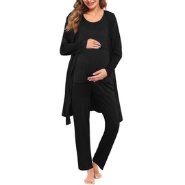 SWOMOG Maternity Nursing Robe Set 3 Piece Postpartum Pajamas Women Breastfeeding Pregnancy Hospital Labor Delivery Pjs, Pants, Black X-Large