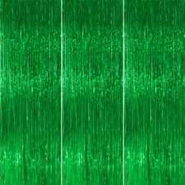 PartyWoo Green Streamers Backdrop 3pcs Green Tinsel Foil Fringe Streamer Curtains 8.2 FT Curtains Photo Backdrop for Graduation Birthday Dinosaur Jungle Golf Football Theme Party Decorations