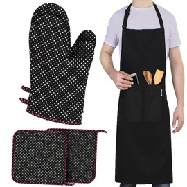 LEFUNDA® Oven Gloves, Pot Holders, Set of 4, Heat Resistant Oven Gloves, Cotton, Grill Gloves, Oven Gloves (Black (2 Oven Gloves + 2 Pot Holders + 1 Apron), Set of 5 - Large), Black (2 oven mitts + 2