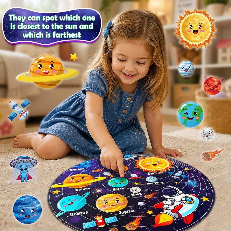 UNGLINGA 70 Piece Solar System Floor Puzzles for Kids Ages