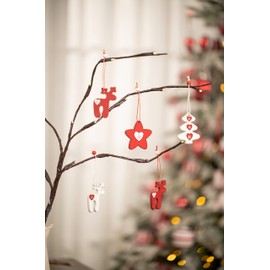 Valery Madelyn 24pcs Traditional Red and White Christmas Tree Decorations, Wooden Christmas Hanging Pendants, Xmas Tree Ornaments with Reindeer, Star, Tree Patterns for Gift Tag, 2.4inch/6cm