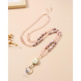 Retractable Teacher Bead Lanyard with ID Holder Natural Stone Beaded Lanyard for ID Badges - Elegant with Swivel Clasp - Professional & Stylish Office Accessory(Pink)