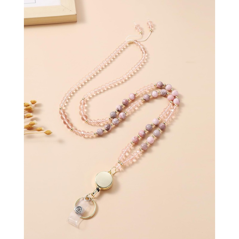 Retractable Teacher Bead Lanyard with ID Holder Natural Stone Beaded