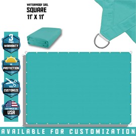 TANG 11' x 11' Waterproof Shade Cloth with Grommets, Sun Shade Sail Rectangle Straight Side, 260 GSM UV Block Fabric Patio Canopy for Deck Carport Backyard Pergola Cover, Turquoise