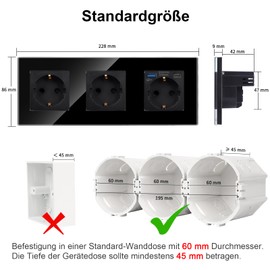 CNBINGO Glass Triple Socket with 2 USB Ports, (1 x Type-C and Type-A Support for 20 W Fast Charging), Schuko Socket, Flush-Mounted, in Black, Protective Contact Wall Socket with Glass Frame