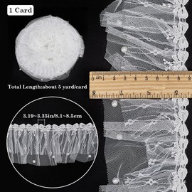 GORGECRAFT 5Yds Ruffle Lace Trim Ribbon 8.5cm White Bowknot Pearl Beaded Ruffled Gathered Edge Trim Vintage Fabric Embroidered Sewing Dress Patches Trimming for Curtain Wedding Bridal DIY Crafts