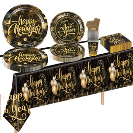 Lets Joy Happy New Year Party Tableware Set, 81 Pieces New Year's Eve Decoration Set, Black and Gold Party Tableware, New Year's Eve Decoration, Napkins, Tableware, Tableware