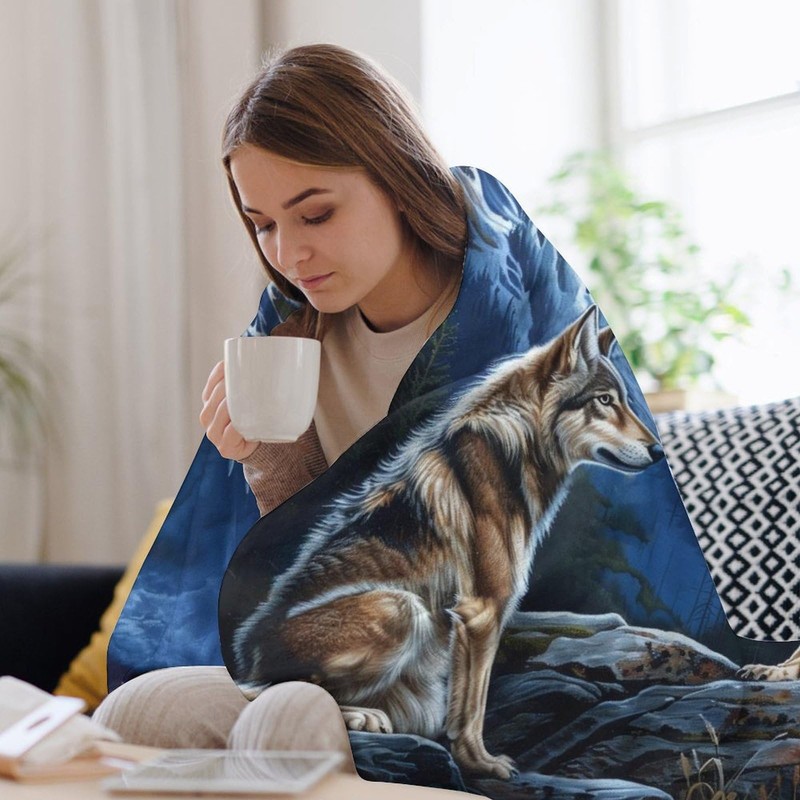 Bald Eagle Wolf Throw Blanket Wild Animal Mountain Moon Night