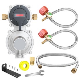2 Stage Auto Changeover LP Propane Gas Regulator with 2 Pcs 18"RV Pigtail Propane Hose with Gauge and 4FT Stainless Braided Regulator Hose Assemblies Dual Propane Tank Regulator for RVs,Trailers,Campe