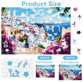 Mys Aurora Scenery Puzzles for Adults, Santorini Wooden Puzzles, 200 Pieces Unique Shaped Jigsaw Puzzle Birthday Gift Challenging Family Game for Kids and Adults 12.6 * 8.6 inch