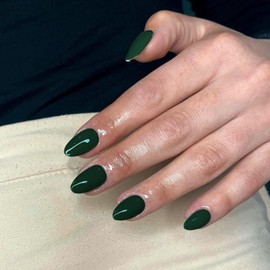 Emerald Green Press on Nails Short Oval Round Nails Glue on, SXVME Fall Winter Short Fake Nails Press ons, Acrylic False Nails Handmade of Gel, Christmas Almond Nails for Big & Petite Fingers, 24Pcs