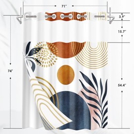 Nesphy No Hook Boho Mid Century Shower Curtain with Snap in Fabric Liner, Abstract Leaves Sun Arch Double Layers Waterproof Fabric with See Through Top Window Open Grommet Bath Curtain 71x74 Inch