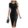 SOLY HUX Women's Summer Short Sleeve Midi Dress PU Leather Zipper Split Bodycon Dresses Solid Black Medium