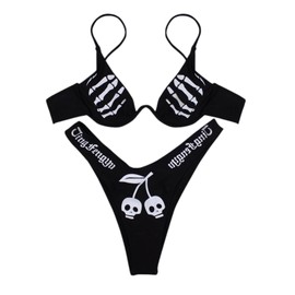 ZGMYC Conjunto de bikini gótico de 2 piezas con estampado de calaveras para mujer, Patrón de calavera negra., L