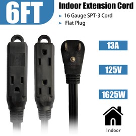 GREATIDE Cable de extensión de 3 salidas de 6 pies con enchufes y contactos planos, 3 clavijas a tierra, 16/3 SPT-3 cable de alimentación duradero para uso en interiores, negro, paquete de 2