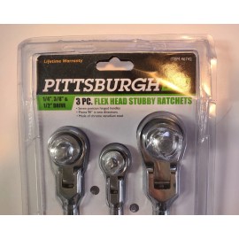 Pittsburgh 3 PC FLEX HEAD STUBBY RATCHET HANDLE SOCKET WRENCH SWIVEL SET 1/4" 3/8" 1/2"