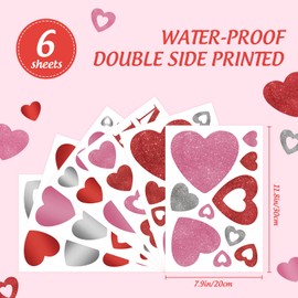Quera Glitter Valentine's Day Window Clings Stickers Heart Double-Sided Love Heart Window Decals Red Pink Silver PVC Stickers for Home Wedding Anniversary Party Supplies