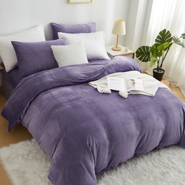 Lanqinglv Flannel Fleece Duvet Cover Set Single Purple Velevt Cozy Thick Teddy Bedding Sets for Girls Teens,Warm Winter Quilt Cover with Zipper Closure and Pillowcase