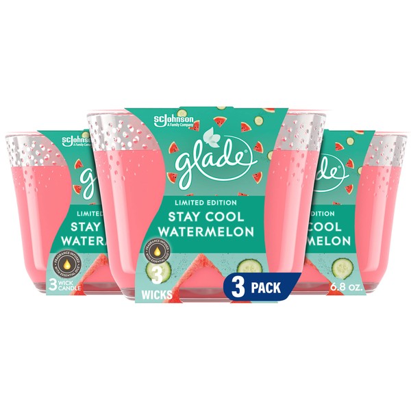 Glade Candle Stay Cool Watermelon, Fragrance Candle Infused with Essential Oils, Air Freshener Candle, 3-Wick Candle, 6.8 Oz, 3 Count