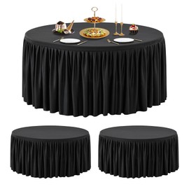 Wish Care 2 Packs 5FT Round Tablecloth 60 Inch, Black Stretchy Fitted Table Cloths, Wrinkle Resistant Polyester Table Cover with Pleated Ruffle Skirt for Party, Wedding and Banquet Decoration
