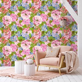 VEELIKE 17.7''x354'' Blue Pink Hydrangea Floral Peel and Stick Wallpaper Floral Wallpaper for Bedroom Bathroom Removable Flower Wallpaper Self Adhesive Floral Contact Paper for Walls Cabinets Shelves