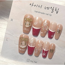 [In-Store Special Discount] Red Beige Christmas Handmade Nail Tips - Short Almond / [입점초특가할인]레드 베이지 크리스마스 수제네일팁 - 숏아몬드