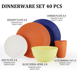 Perlapoc Wheat Straw Dinnerware Sets 40 PCS - Dishes Set for 8 Unbreakable Plates and Bowls Sets with Cups Dishwasher & Microwave Safe Lightweight Dinnerware for Kitchen Camping RV - Mondrian Colors