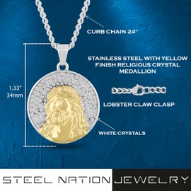 Stainless Steel Religious Medallion with Yellow Finish – Crystal-Accented Jesus Pendant Jewelry Accessory