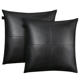 KUIRMODA Lambskin Leather Pillow Cover - Decorative Sofa Cushion Case - Throw Covers for Living Room & Bedroom, 18x18 Inches - Black Plain Pack of 2