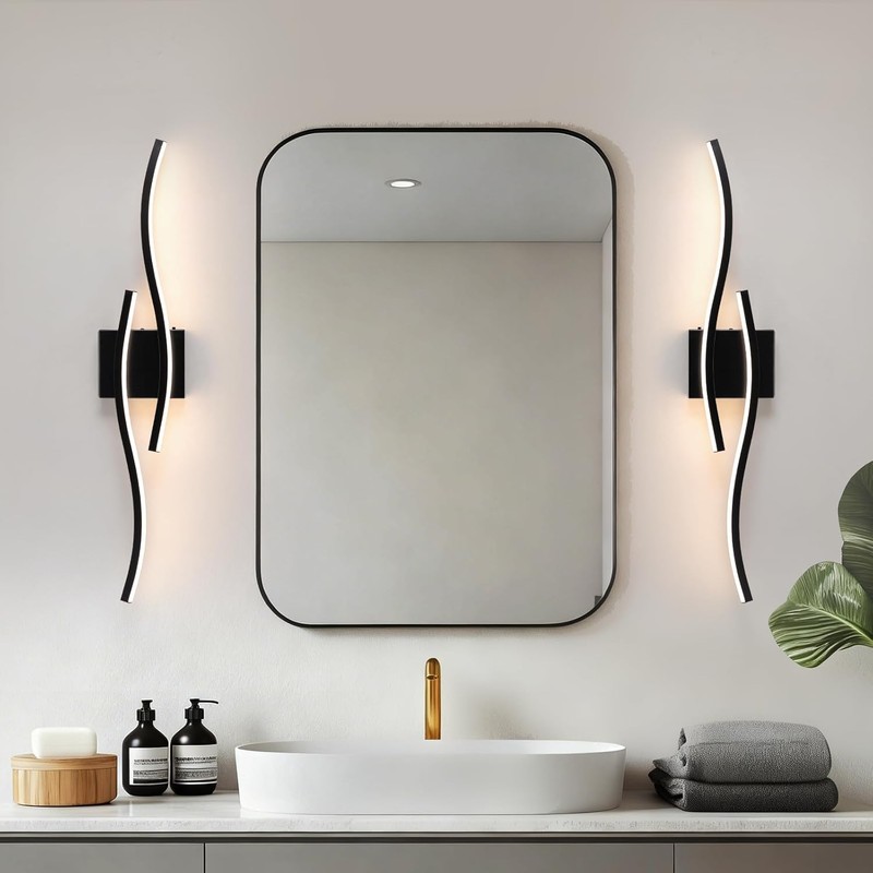 Black Curved Bathroom Vanity Light Fixture Over Mirror, 31.5 inch