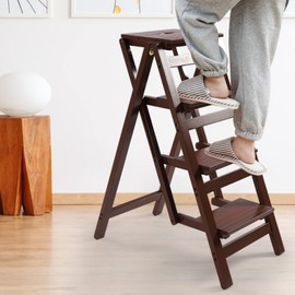 4-Step Ladder, Foldable Ladder, Wooden Step Ladder, Portable Nonslip Ladder, Lightweight Step Stool, Library Ladder Stool, Step Stools with Thickened and Widened Treads, Max Load 220LBS