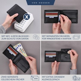 VON HEESEN Men's Leather Wallet with RFID Protection - Genuine Leather Wallet for Men - Women's Wallet, Black carbon, Landscape Medium (Bifold)